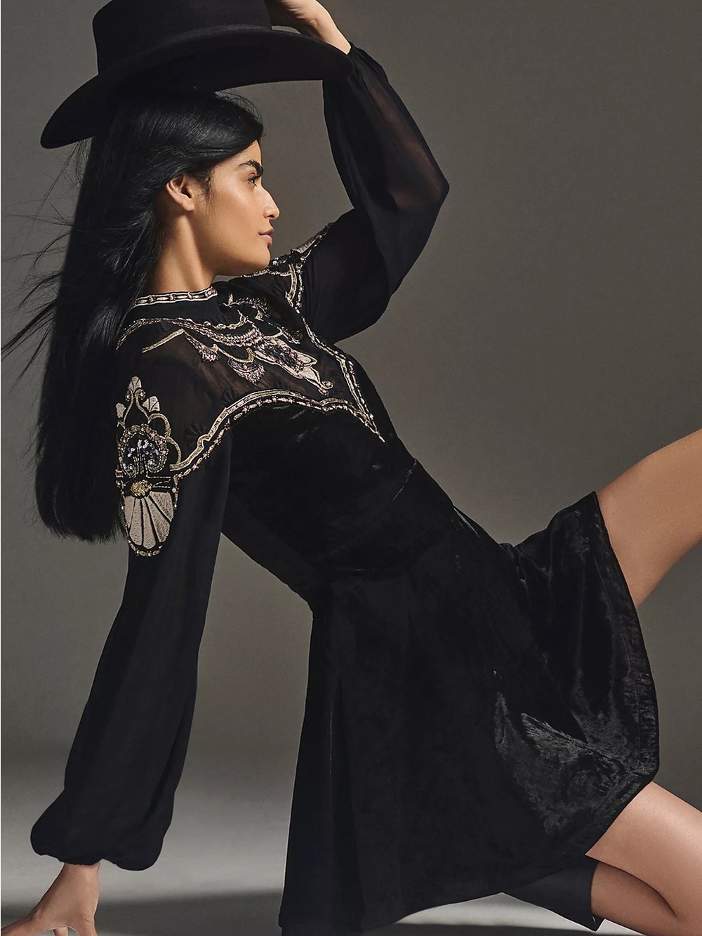 Anthropologie Embroidered Black Velvet Mini Dress with Sheer sleeves